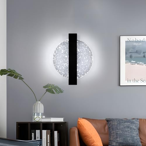 DELIPOP Applique da Parete Interno Nero, 12W 1350LM Creativo Rotonda Lampada da Parete LED Moderna, Lampada a Muro in Acrilico per Camera da Letto Soggiorno Corridoio Scale, Bianco Freddo 6500K