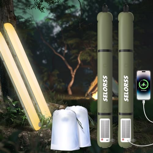 SELORSS Aufblasbare Solar-Campingleuchten, 86 cm, faltbar, Outask-Teleskoplampe, tragbares Outdoor-LED-Licht mit 2000 mAh, IP66, wasserdicht, mit warmem Licht für Camping, Reisen– 2er-Pack, Grün
