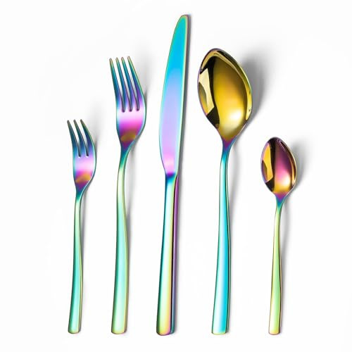 OPOLIA Besteck 30-teilig,Edelstahl, Gabel Messer Löffel set, Regenbogen | Besteckset für 6 Personen,poliert,Rostfrei,Glatte Runde Kante, Langlebiger Schärfe Messer,Spülmaschinenfest, Party und Gäste