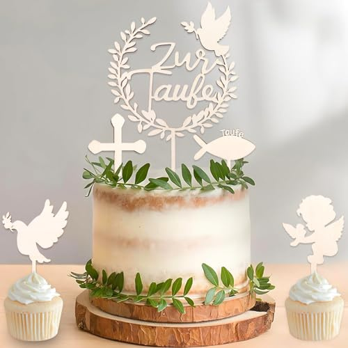 DazzJoy 5 Stück Cake Topper Taufe, Holz Tortendeko Taufe, Tortendeko Taufdeko Mädchen Junge, Tortenaufleger Tauf Holz, Taufdeko Torte Junge Mädchen, Personalisiert Taufe Tortendeko
