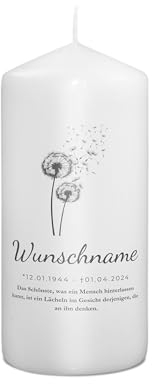 PhotoFancy® - Personalisierte Trauerkerze - Fotokerze mit eigenem Foto/Text bedrucken lassen - Kerze mit Design: Pusteblume - 15 cm Höhe