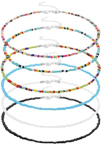 Visxcnu 6 Stück Bunte Perlen Ketten Boho Strand Perlen Halsketten Armbänder für Damen Mädchen Schmuck, mit 925 Sterling Silberperle oder vergoldeter Perle