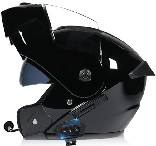 Modular Motorbike Helmet with Bluetooth and Microphone, Flip Up Front Motorcycle Helmet with Double Visor, DOT/ECE Approved Full Face Helmet, Crash Helmet for Automatic Answering
