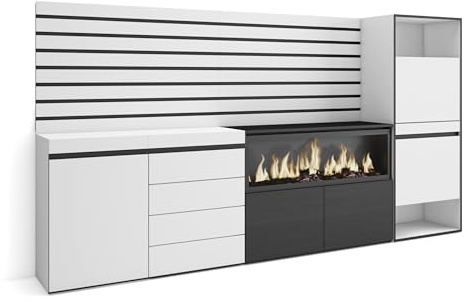 Skraut Home | Sideboard, Kommode | Aufbewahrungsschrank | 274x145x35 cm | Für Schlafzimmer, Zimmer | Elektrokamin XXL | Kommode mit Schubladen | Schuhschrank | Moderner Stil | Weiß