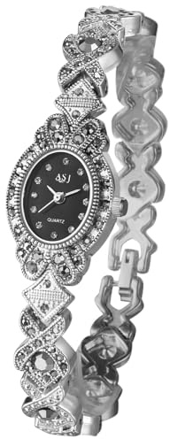 Silverora Uhren Damen Diamant Oval: Glänzend Klein Zifferblatt Analog Quarz Damenuhren mit Schmal Armband Gothic Retro Blumen Armbanduhren Geschenke für Frauen Silber Schwarz