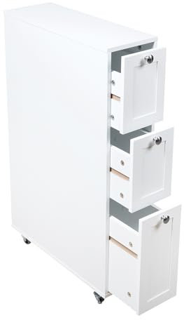 Saxony® Slim Bathroom Storage Unit with 3 Narrow Chest of Drawers on 4 Built-in Wheels Utility Cupboard Vertical Bathroom Cabinets Free Standing MDF Wooden White