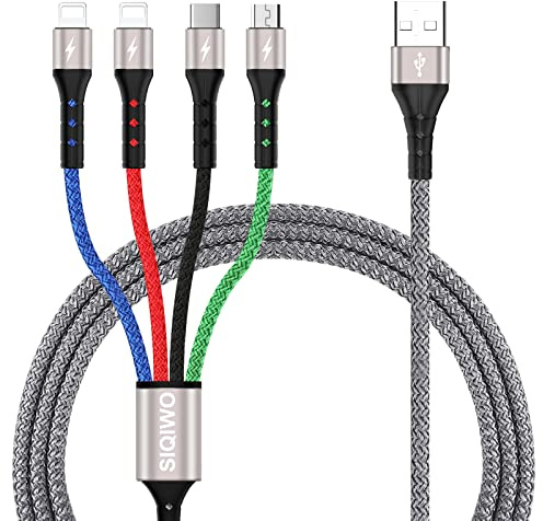 SIQIWO Multi USB Kabel 3A/1.2M, 4 in 1 Schnell Ladekabel Nylon Mehrfach USB-A auf 2*iP Micro USB Typ C Port für iOS Telefon, Samsgung Galaxy S25 S23 S22 S10, Honor View, LG, Xiaomi, Sony, Moto, PS5