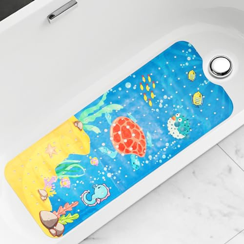 SunnyOcean Bath Mat Non Slip, 100x40cm Non Slip Shower Mats for Inside Shower, Extra Long Bathtub Mats, Rubber Anti Slip Mat with Suction Cups and Drain Holes, Machine Washable, Turtle