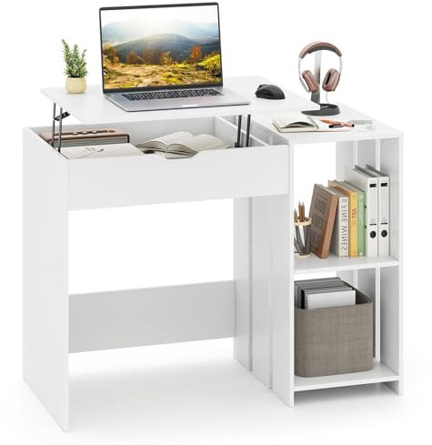 GIANTEX Scrivania per computer in legno con piano sollevabile, tavolo da lavoro con 2 ripiani aperti e 1 scomparto nascosto, 100 x 49 x 75 cm, scrivania moderna per ufficio, studio (bianco)