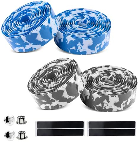 Lunyloer Road Bike Handlebar Tape, 4 Rolls Non Slip Cycling Handle Wraps, Bicycle Bar Tape with Handlebar Plugs for Road and City Bikes (Black, Blue)