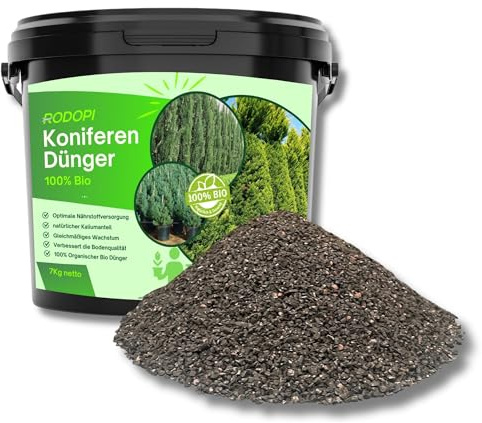 Rodopi Bio-Koniferendünger Granulat – 3 Monate Langzeitwirkung – 100% pflanzlich & vegan – Organischer NPK-Dünger 7-3-8 mit Magnesium & Schwefel 7kg