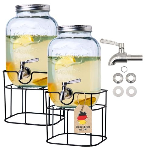 Intirilife Getränkespender -Set von 2 Stück- je 5 Liter aus Glas mit Zapfhahn und Gestell - 19 x 43 cm - Wasserspender Saftspender Limonadenspender Glasbehälter für Getränke, Doppelgetränkespender