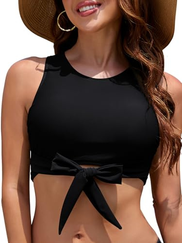 SHEKINI Crop Top Schwimmen Badeanzug Hoher Hals Frauen Bikini-Oberteil Front Tie Knot Badeanzug Tank Eingebauter BH Beach Wear