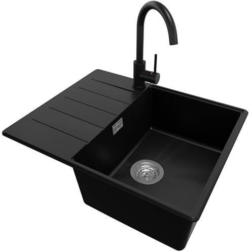 PRIMAGRAN Evier d'angle en Granit au Meuble 45cm + Robinet, 62x50cm | Set: Robinet BW5010 + Kit de Vidage (Siphon, bonde d’évacuation, trop-plein) + Lavabo Cuisine 1 Bac - Copenhague, Noir