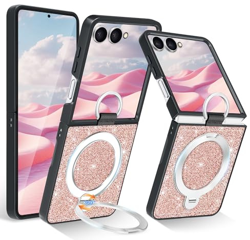 Fingic for Samsung Galaxy Z Flip 7 Case 360° Ring Stand Glitter,Rose Gold | Compatible with MagSafe,Invisible Kickstand,Pu Leather,Slim Thin Shockproof Protective Phone Cover for Women Girls,6.92025