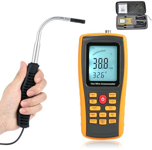 AMTAST Hotwire Anemometer Handheld Anemometer with Telescopic Probe Wind Speed Meter with Backlight for Airflow Air Velocity Temperature CFM Meter Used in HVAC, Marine (Model AMF029)