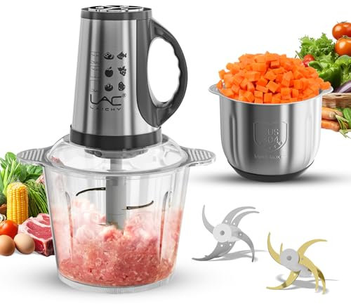 Picadora Eléctrica con 3L Tazón Vidrio & 3L Acero Inox, 300 W Trituradora de Alimentos con 2 Cuchillas de Acero Inoxidable, 3 Velocidades, Fácil Limpieza, Food Processor para Frutas Carne y Verduras