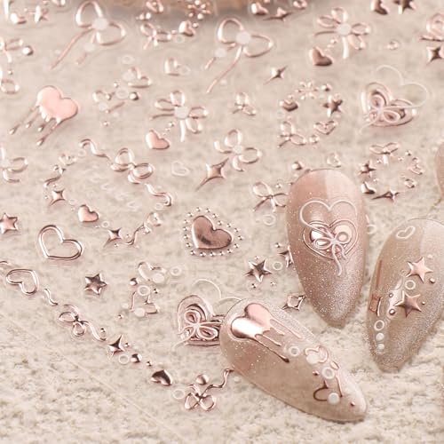 JMEOWIO 3D Nagelsticker Valentinstagsschleife Herz Roségold Nail Art Sticker Selbstklebend Nagelaufkleber 5D Stereoskopisch Dekoration Nageldesign Zubehör 1 Blatt