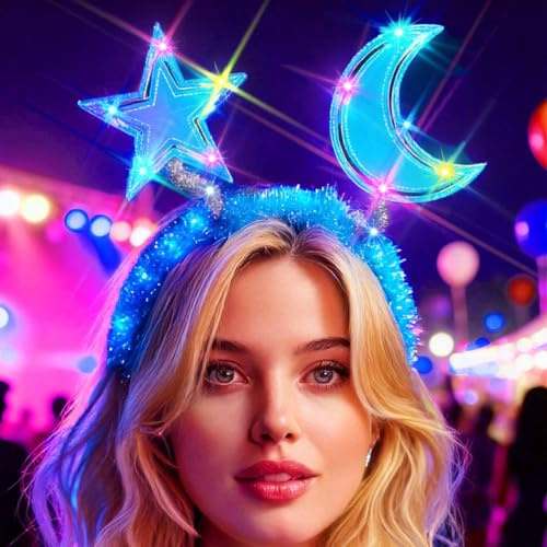 Unicra Leuchtendes Stern Mond Stirnband LED Kopfschmuck Rave Festival Haarschmuck für Frauen (Star&Moon, One Size)