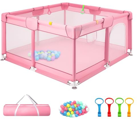 Trintion Baby Playpen for Toddlers with Soft Fabric Bumpers, Large Safety Play Yard with Mesh Walls, Ocean Balls & Pull Rings Included, Indoor & Outdoor Baby Fence (Pink, 127x127cm)