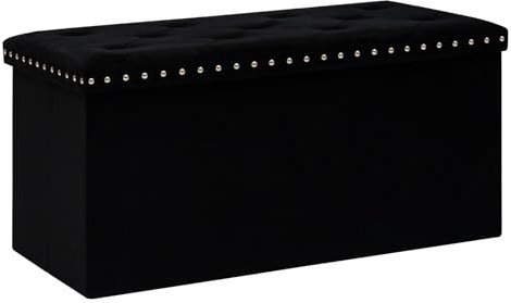 Bonlife Faltbare Sitzhocker mit Stauraum, Aufbewahrungsbox Nieten Sitztruhe Sitzwürfel Fußablage, Gepolsterte Sitzfläche,Schwarz,Samt,76x38x38cm