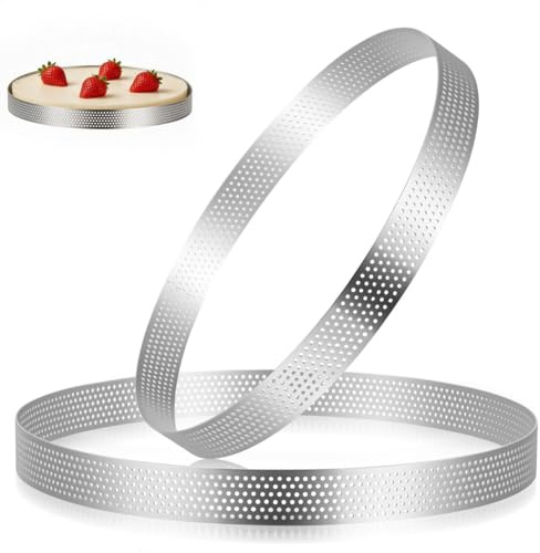 Garneck 2 Cercles à Tarte microperforés en INOX 18 et 20 cm, Hauteur 2 cm | Bords droits et sans fond, pour mousses, gâteaux, fonds de tarte et petites pizzas, usage maison ou pâtisserie