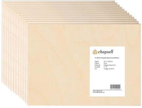 chapsell Sperrholzplatten A3 (10 Stück) – 297x420x5mm Pappelsperrholz – Qualität II/III, glatt geschliffen & formstabil – Holzplatten für Basteln, Lasercut, Gravur, Modellbau, Möbelbau, DIY & Handwerk
