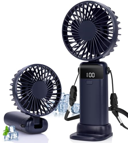 Handheld Fan, 19H Portable USB Hand Held Fans Rechargeable with 5 Speeds, Power Display, Battery Operated Desk Fan, Small Personal Fan with Base, Hanging Rope, Suit for Home Office Travel Essentials