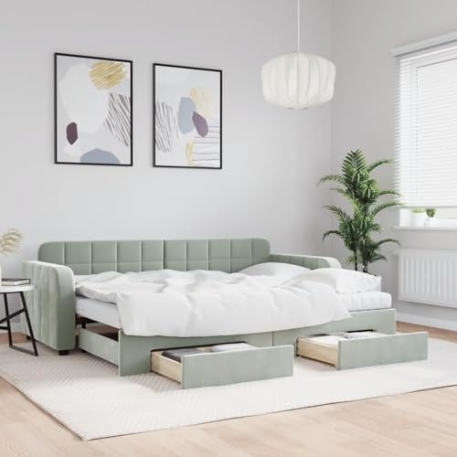 Fecpoo WGYHOME utdragbar dagsäng, med lådor, sammet ljusgrå 223 x 91 x 71 cm, 2 madrasser och 2 lådor, vardagsrum/sovrum