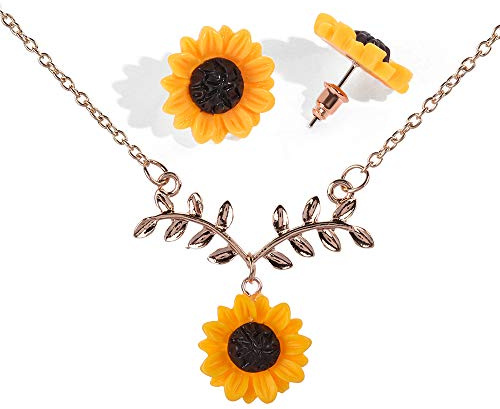 Collier avec pendentif en forme de feuille de tournesol en résine pour femme - Motif marguerite jaune - Boucles d'oreilles à tige, Métal Résine