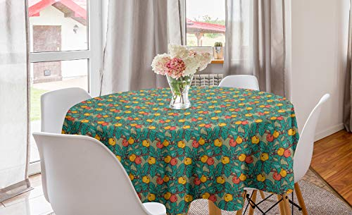 ABAKUHAUS Sommer Runde Tischdecke, Apfelbaum-Frucht-Blätter Kunst, Kreis Tischdecke Abdeckung für Esszimmer Küche Dekoration, 150 cm, Türkis und Multicolor