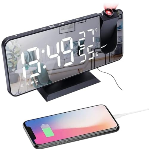 Petilleur Projection Alarm Clock for Bedroom Ceiling Digital Clock Radio with USB Charger Ports 180° Rotatable Projector, 12/24H,Snooze,Dual Loud Alarm Clock (Black)