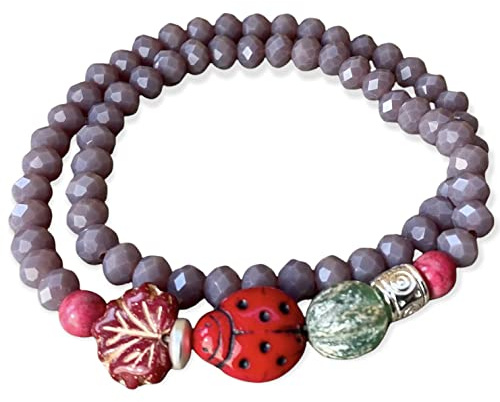 Wickel-Armband mit böhmischen Glasperlen & Marienkäfer - rot, lavendel opal, salbeigrün, silber/Marienkäferarmband, Wickelarmband - Glasperlenarmband, Blatt