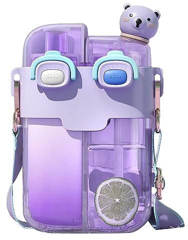 Kawaii-Wasserflasche mit Strohhalm, süße Wasserflaschen für Mädchen, doppelte Trinkwasserflasche mit verstellbarem Strohhalmgurt für Outdoor-Sport, Reisen