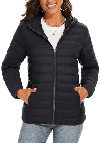 TAVCASEN Womens Down Jacket Padded Puffer Coats Warm Winter Outdoor Jacket Zip Up Quilted Jacket with Hood Water-Resistant Jacket,Black,XL