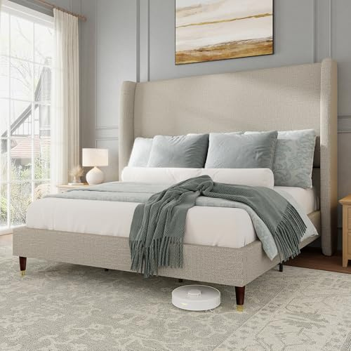 Jocisland King Size Bed Frame 51.2 Wingback Headboard Linen Upholstered Platform Bed with Solid Wood Legs & Wooden Slats, No Box Spring Needed, Modern Minimalist Style, Easy Assembly, Brown