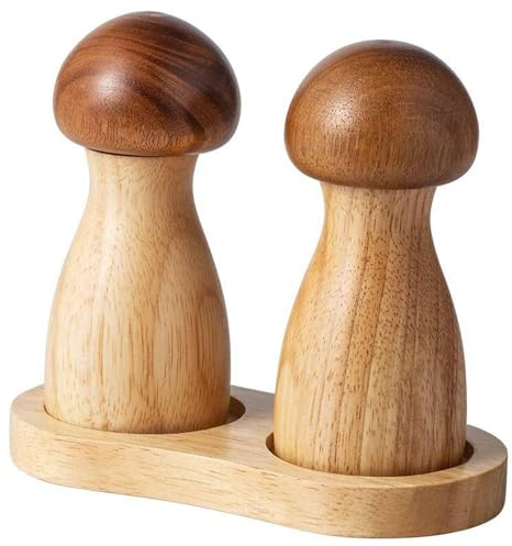 BAILEYU Creative Mushroom Salz und Pfeffermühle Set mit Tablett Akazienholz Eichenholz Pfeffermühle Meersalz Gewürzstreuer Einstellbare Grobheit, 11,5cm