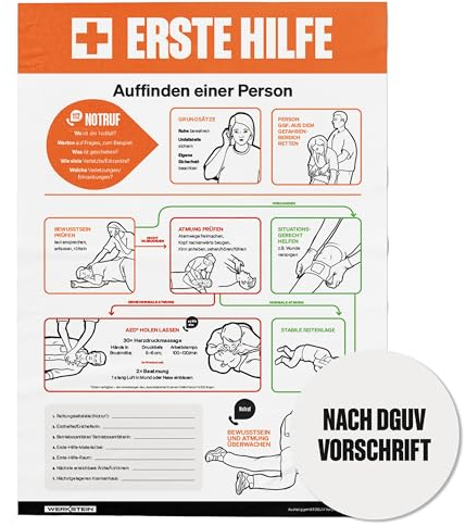 Erste Hilfe Plakat 277 x 420 mm - Neuester Stand 2025 nach DGUV Vorschrift - Klare Anleitungen für Notfälle - Erste Hilfe Schild aus festem Papier für effektive Erste-Hilfe-Maßnahmen 27,7 x 42 cm