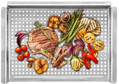 PAXLINSEN Grillkorb, Grillschale mit gelochtem Boden zum Grillen von Gemüse und Fleisch, 45 x 30 cm Grillschale Edelstahl sind Grillzubehör für Gas-, Elektro- und Kohlegrill
