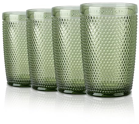 Joeyan Highball Drinking Glasses Set of 4, 350ml Water Glass Cups Colored Tumbler Glasses Juice Glasses Embossed Glassware Set for Cocktail Soda Juice Beverage Coffee Tea Gift, Green