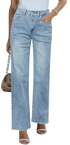 Roskiky Straight Leg Jeans for Women - Wide Leg Trousers UK Winter Ladies Pants - Light Blue Ice Blue Size 14 M