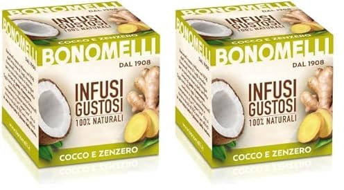 Bonomelli Infusi Gustosi, Zenzero e Cocco, Confezione da 20 Filtri, Sapore Intrigante ed Energetico, Senza Caffeina, da Gustare a Caldo o a Freddo, Ingredienti 100% Naturali (20g)