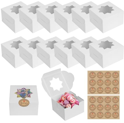 16Pcs White Cupcake Boxes Small Cake Boxes with Star Clear Window and Inserts for Muffins or Cookies Cakes Candy Pies & Gifts