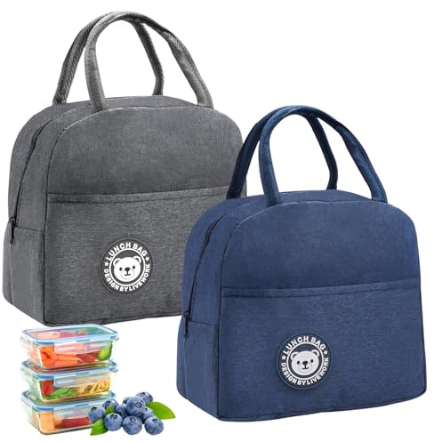 2 Stück Tragbare Lunchtasche Erwachsene,KüHltasche Klein 7l Lunchbox Tasche | Lunch Bag, Thermotasche mit Folienfutter für Arbeit, Schule, Picknick, Reisen,für Frauen Männer, Marineblau und Grau