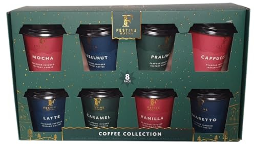 Festive Selection Coffee Collection 8 Pack Flavoured Instant Coffee Cups Mocha Hazelnut Praline Cappuccino Latte Caramel Vanilla Amaretto Variety Set