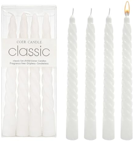 OIUAVYR 4 Pezzi Candele Affusolate, Lunga Durata, Senza Fumo, Senza Profumo, per Decorazione, Eventi, Cene, Feste, Compleanni, Natale, Caffè (Bianco)