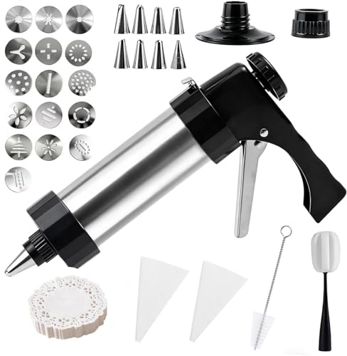 Gebäckpresse Edelstahl,Spritzgebäck Maschine,Plätzchen Presse,Multifunktionale Spritzgebäck Maschine,13 enthaltene Form-Discs und 8 Spritztüllen für Kuchen Dessert DIY Maker Cookie Presse (Schwarz)
