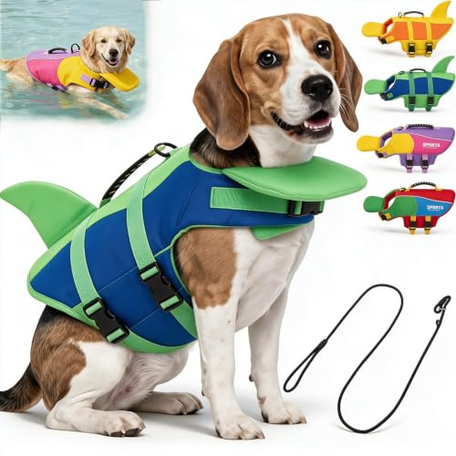 Gilet salvagente cane con galleggiante mento, giubbotto regolabile maniglia anello D fibbie rapide per nuoto barca piscina (S,Blue-Green with Tail)