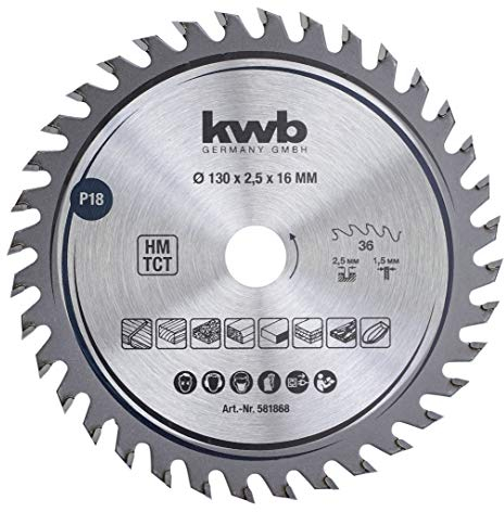 kwb Kreissägeblatt 130 x 16 mm, sehr feiner Schnitt, Sägeblatt geeignet für Arbeitsplatten, Holz und beschichtete Platten