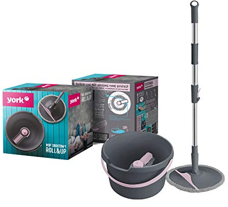 York ROLL&UP Bodenwischer Set mit Eimer & Mikrofaser | Twist Disc Mop mit Edelstahl-Teleskopstiel, innovativer Auswringfunktion und Klett-Wischbezug, Grau/Rosa